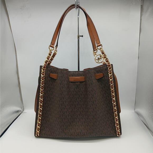 Michael Kors Large Mina Signature Logo Chain Shoulder Bag Handbag Teacher Brown - Picture 4 of 11